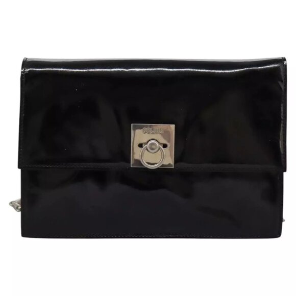 CELINE Chain Shoulder Bag Enamel Black Silver Auth ar13323 - Picture 2 of 16